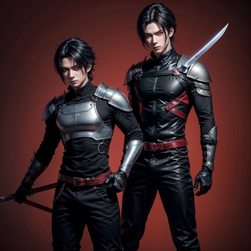 create a male anime character, 1.85 with a strong physical body and with a sword in the sheath, his clothes are just black pants and boots, he has crimson red eyes and black hair. (make a simple red background)