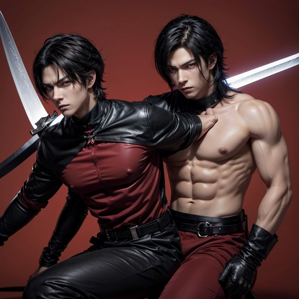 create a male anime character, 1.85 with a strong physical body and with a sword in the sheath, his clothes are just black pants and boots, he has crimson red eyes and black hair. (make a simple red background)