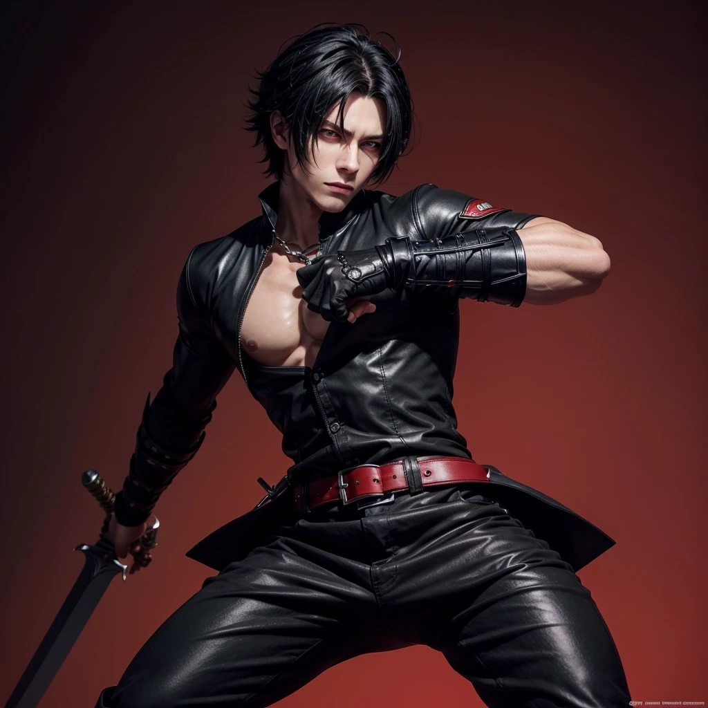 create a male anime character, 1.85 with a strong physical body and with a sword in the sheath, his clothes are just black pants and boots, he has crimson red eyes and black hair. (make a simple red background)