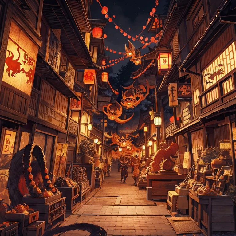 "Feudal Japanese night scene, fearsome oni with bull-like horns, wide gaping mouth with fangs, samurai confronting oni, katana raised high, Japanese man in red and white kimono seen from behind, Edo period cityscape at night, red lanterns hanging from houses, countless lanterns illuminating streets, low-angle shot, dramatic lighting, detailed traditional architecture, misty atmosphere, ultra-detailed 3D rendering, cinematic composition, 8k