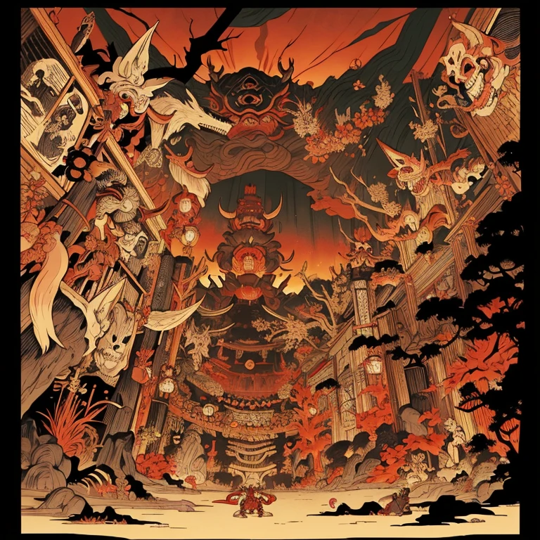 pandemonium, group of yokai, group of oni, giant snake, (fox), centipede, (giant skeleton), spider, demon, oni, tengu, The picture is painted in the style of a Japanese ink painting, (Side angle)