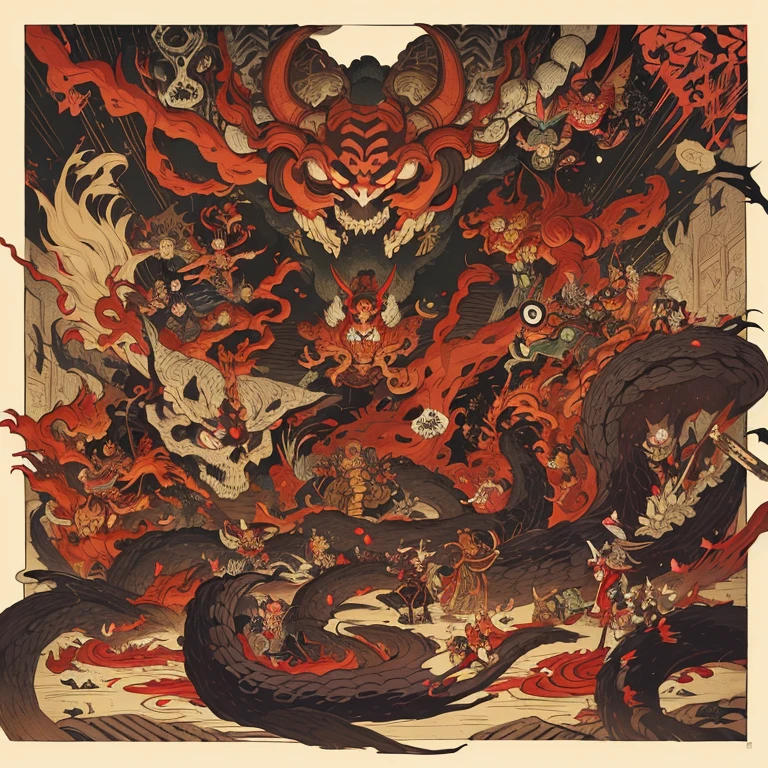 pandemonium, group of yokai, group of oni, giant snake, (fox), centipede, (giant skeleton), spider, demon, oni, tengu, The picture is painted in the style of a Japanese ink painting, (Side angle)