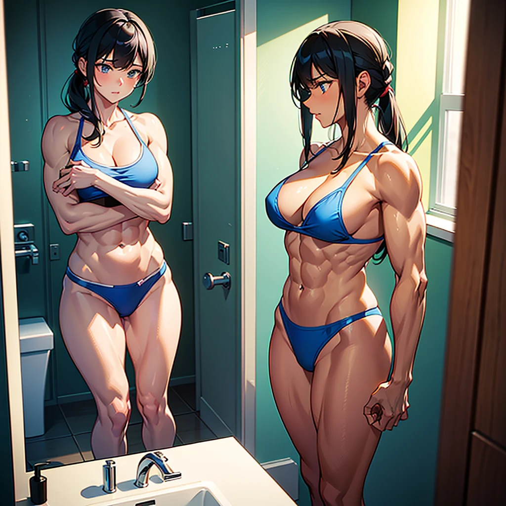 A muscular girl half naked in the bathroom while thinking about her ex and saying she wants to give it to him again