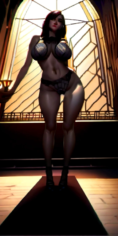 hot sexy gothic girl from the front side, sticking out her butt, looks into the distance, beautiful face, green eyes, ((medium length {black | dark red} hair)), (big breasts, slim waist, big thighs, wide hips, big buttocks, long legs, plump red lips), ((wearing sexy black long skirt with massive slit in the center revealing sexy legs and panties)), ((black lace panties and bra with silver complex intricate patterns)), (((black openwork stockings with wide lace top with silver complex intricate patterns))), (((no tattoos))), goth aesthetic, gothic makeup, goth makeup, goth vibe, bracelets, black choker, earrings, {dark | dark red | red} lipstick, seductive eyes, (detailed cameltoe, camel toe, labia, cleavage), (gothic cathedral interior, torches, antique oil lamps with burning flames, antique chandeliers with candles), (Best Quality, 16K, Masterpiece, UHD, Ultra quality cinematic lighting, Huge detail, Well lit, 35mm, sharp, hyper realistic, epic scale, insane level of details, beautiful detailed girl, very detailed eyes and face, beautiful detailed eyes, ultra detailed skin, realistic skin), nude, sexy, naked, boobs, ass, naked boobs, naked ass