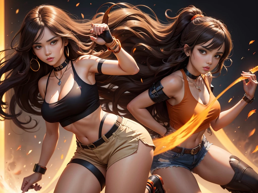 Kizi, long voluminous and messy dark brown curly hair with orange details, voluptuous, honey-colored eyes, black choker necklace, orange earring, light brown cropped top blouse, shorts above the waist dark brown, dark brown boots, RWBY style, realisitic, dark backdrop with orange symbols, high qualiy, detailded, fighting position.