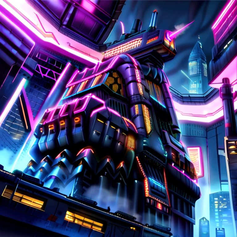 a huge futuristic metropolis style steam locomotive by firz lang, cyberpunk with two steamship-type chimneys parallel to each other, Jules Verne style, and very aggressive looking, cyber punk style, octane, dramatic colors. photographic and hyperrealistic.