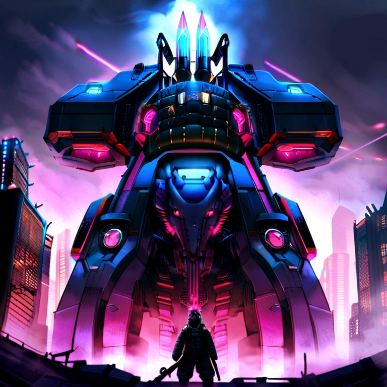 a huge futuristic metropolis style steam locomotive by firz lang, cyberpunk with two steamship-type chimneys parallel to each other, Jules Verne style, and very aggressive looking, cyber punk style, octane, dramatic colors. photographic and hyperrealistic.