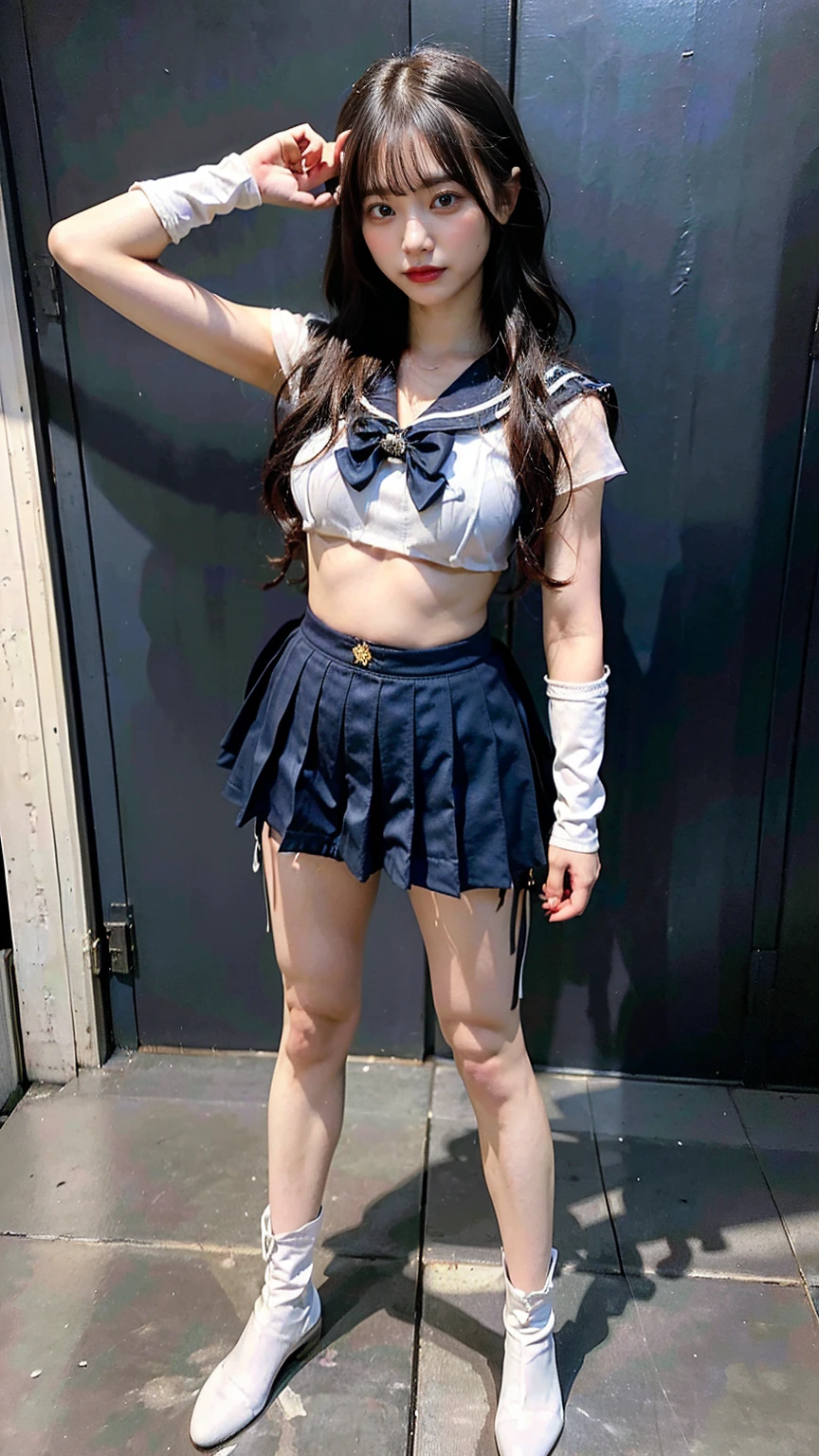 (8K、RAW Photos、Highest quality、masterpiece:1.2)、(Realistic、Realistic)、1 girl、((Sailor Warrior Outfits:1.5、With pubic hair、Large Breasts、Full body from the front、Standing with hands behind back、))、Lots of eyelashes、Glowing eyelids、skeletally correct、smile、This photo will awaken boys to sex、Hotel Rooms