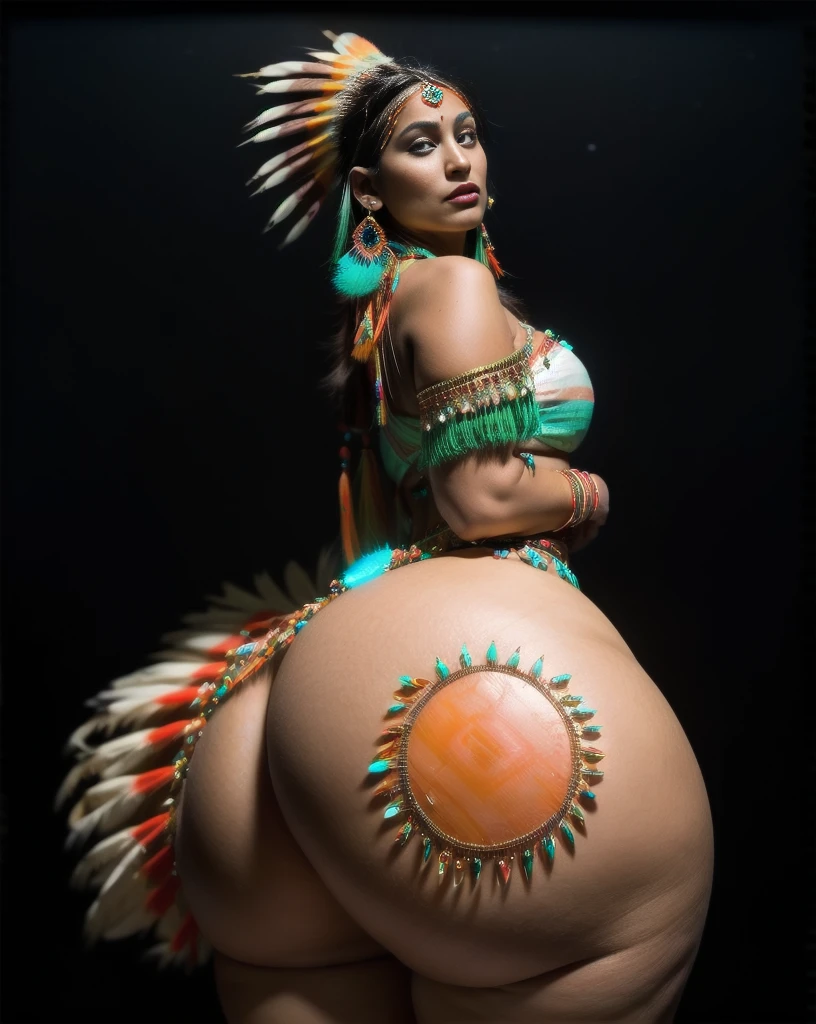 Beautiful Cherokee Indian woman with beautiful terracotta colored headdresses, blackw, doradas, cobre, Pearl, white and beige, feathers made of bright neon of various colors, flares on camera, bokeh, full moon night