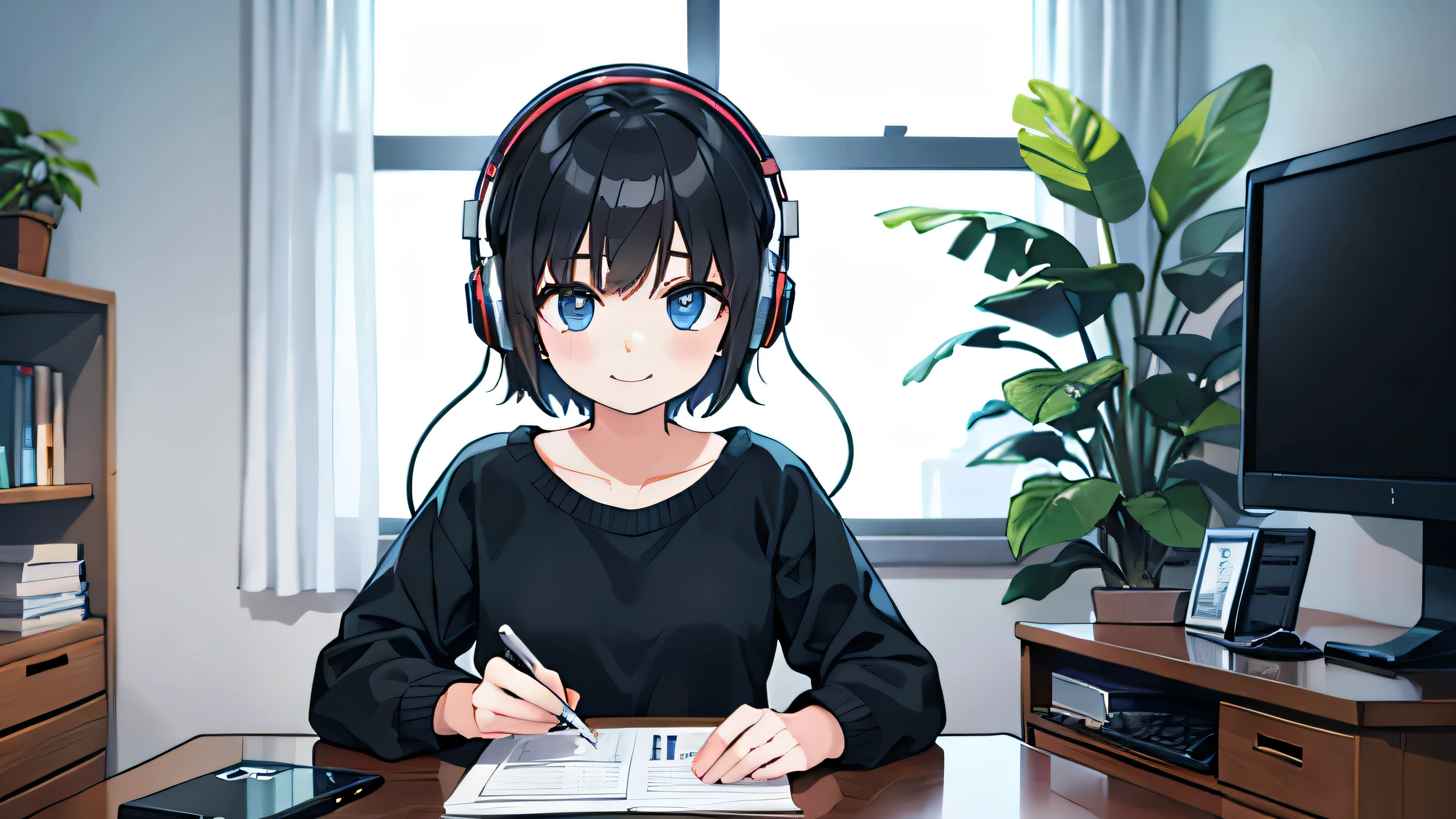 1girl, solo, blue eyes, (detailed eyes), gentle smile on her face flat chest, short hair, black hair, upper body, wearing a white sweatshirt ((masterpiece, illustration, best quality)) at rainy Night a cute girl sitting at coin laundry studying with papers besides and listening to music with headphones and typing on her computer on her desk and plants at background, A beautiful view in the large window of the city