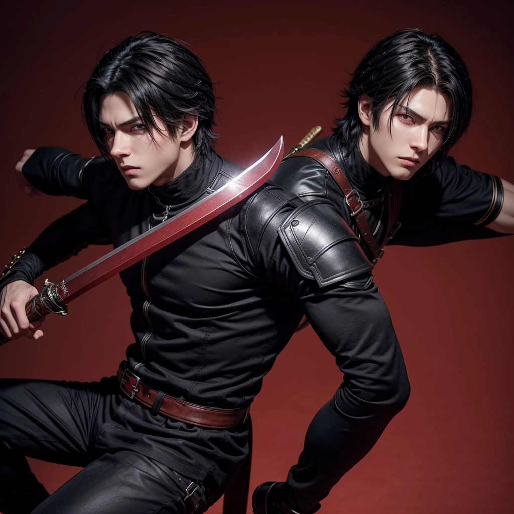 create a male anime character, 1.85 with a strong physical body and with a sword in the sheath, his clothes are just black pants and boots, he has crimson red eyes and black hair. (make a simple red background)