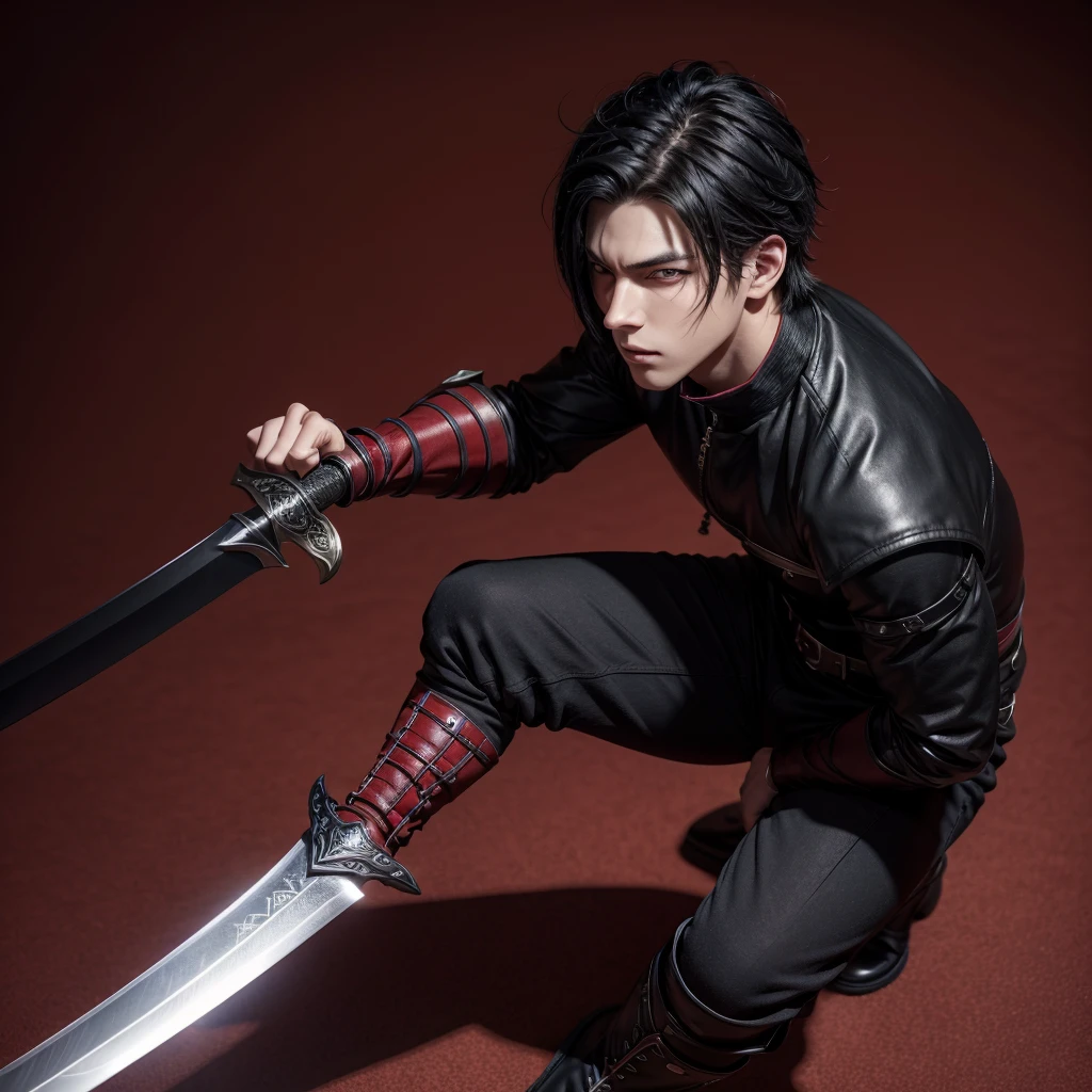 create a male anime character, 1.85 with a strong physical body and with a sword in the sheath, his clothes are just black pants and boots, he has crimson red eyes and black hair. (make a simple red background)