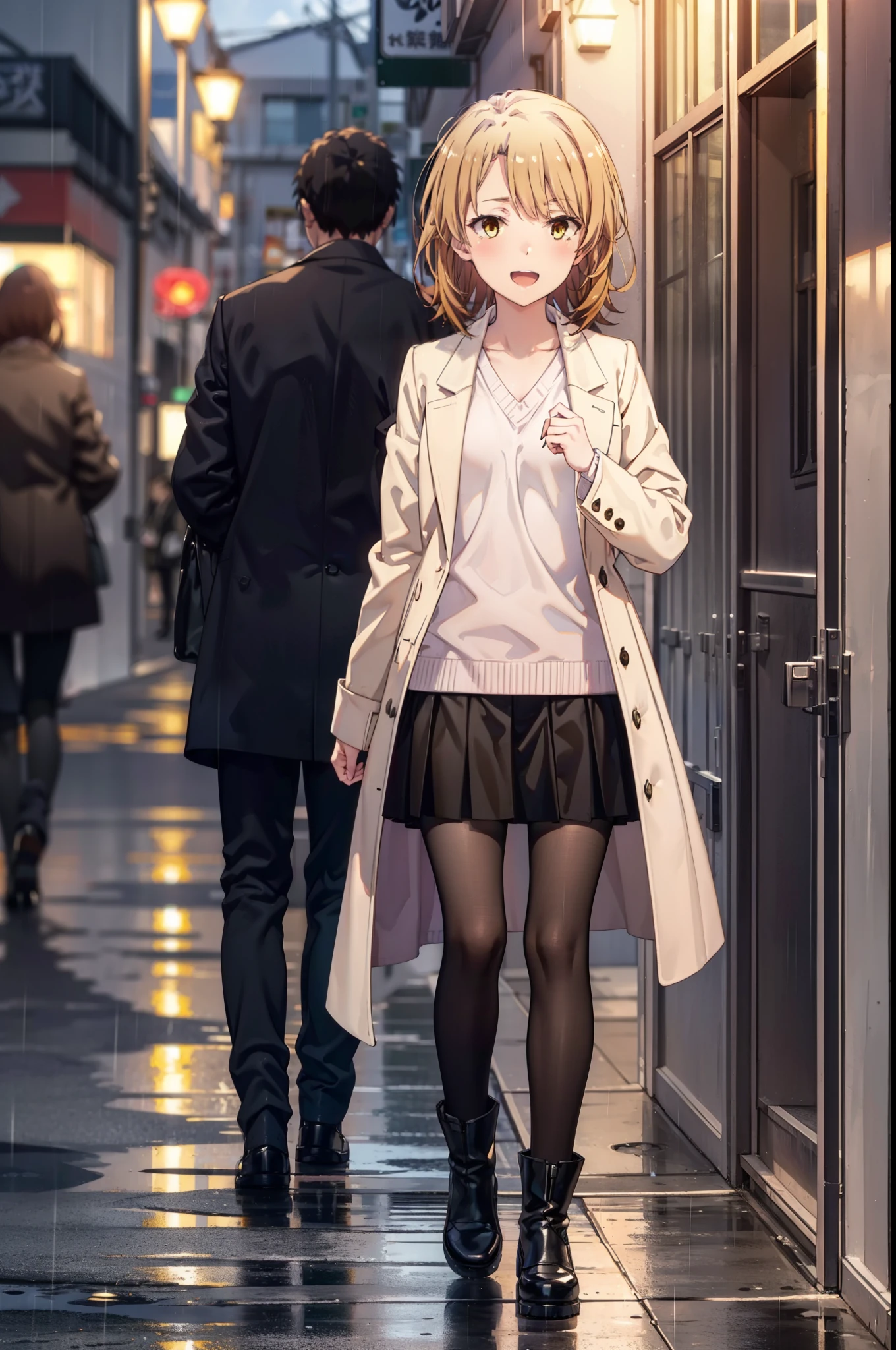 Irohaisshiki, isshiki iroha, short hair, Brown Hair, (Brown eyes:1.5), happy smile, smile, Open your mouth,blush,Pink oversized coat,V-neck shirt,mini skirt,Black pantyhose,short boots,Leaning against the wall,Hiding under a roof,rain,cloudy,Walking,whole bodyがイラストに入るように,
break outdoors, Building district,
break looking at viewer,whole body,
break (masterpiece:1.2), Highest quality, High resolution, unity 8k wallpaper, (figure:0.8), (Beautiful attention to detail:1.6), Highly detailed face, Perfect lighting, Highly detailed CG, (Perfect hands, Perfect Anatomy),