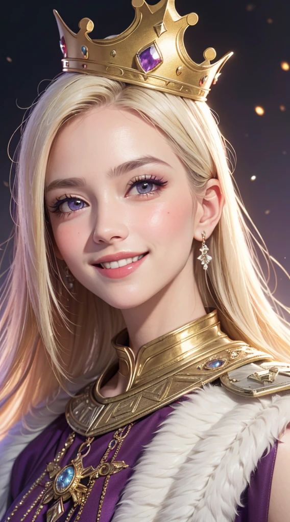 (UHD, retina, masterpiece, ccurate, anatomically correct, textured skin, super detail, high details, high quality, best quality, highres, 1080P, HD, 4K, 8k, 16k), (beautiful detailed eyes, beautiful detailed lips, extremely detailed eyes and face), studio lighting, physically-based rendering, vivid colors, [big tits, super big tits, super extra big tits, glamorous body], (crown, crown, purple cloak, white fur), (portrait, blonde hair, shiny hair, shiny skin), (bokeh), (tilt your head to the side:1.5), eye reflection, (blush, smile:1.5),