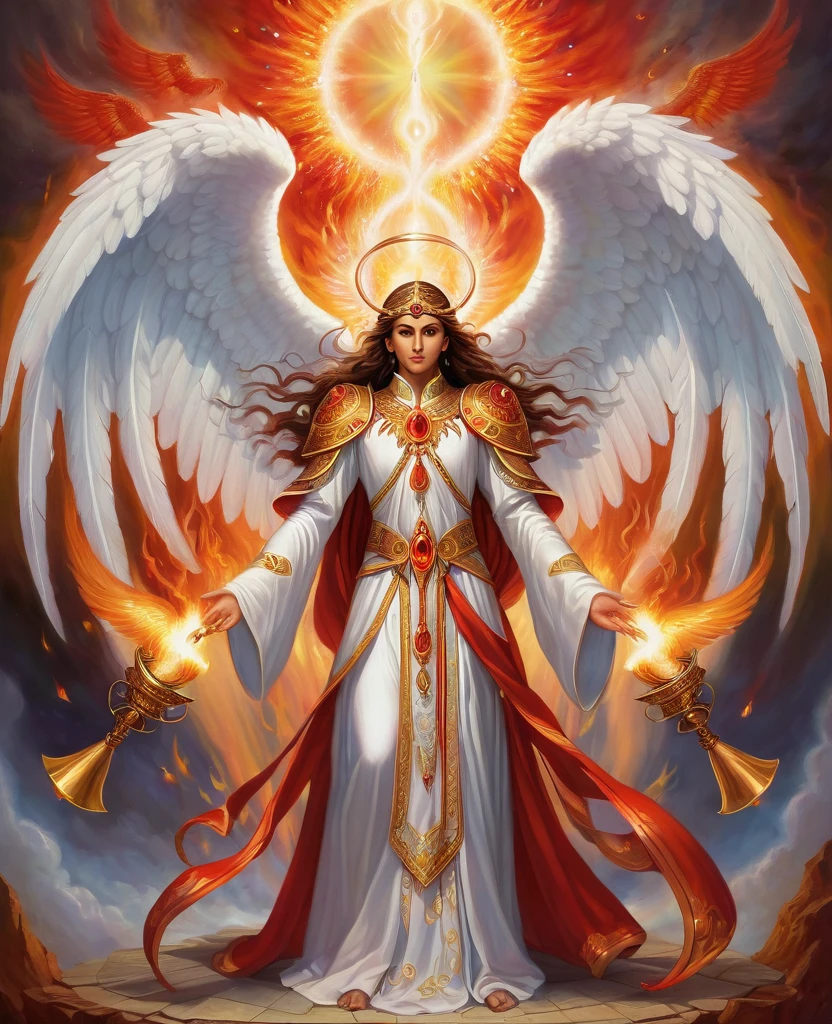 divine being, be of higher class, angel, being from another dimension, It has six wings and each wing has six eyes., with two hands at his sides holding torches of red flames, divine beings with wings like birds, eyes of different colors, with rings with eyes of fire around them.