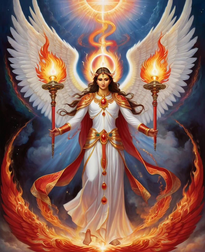 divine being, be of higher class, angel, being from another dimension, It has six wings and each wing has six eyes., with two hands at his sides holding torches of red flames, divine beings with wings like birds, eyes of different colors, with rings with eyes of fire around them.