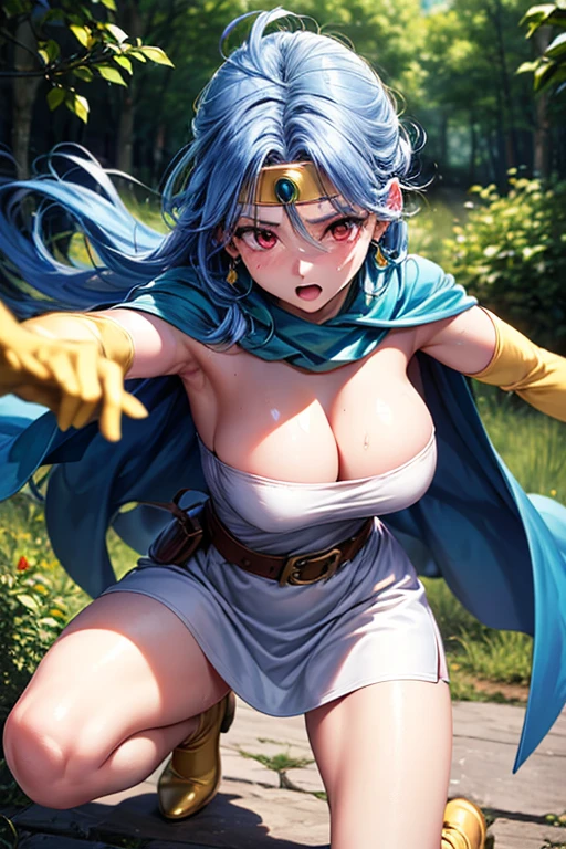 (Very detailed,Highest quality,4K,8K,16K,High resolution,masterpiece:1.2),(Perfect hands,Perfect Legs),(Realistic,photoRealistic,photo-Realistic:1.37),One Woman, Sage, Red eyes, Blue Hair, Long Hair, Ahoge, Circlet, White Dress, gloves, Blue Cape, Yellow footwear Beautifully detailed sweat glands,Smooth skin texture,Carefully drawn,

Lively expressions,(Big Breasts),Sticky with sweat,Use magic,In a dynamic pose,

Dragon Quest,Outdoor,forest