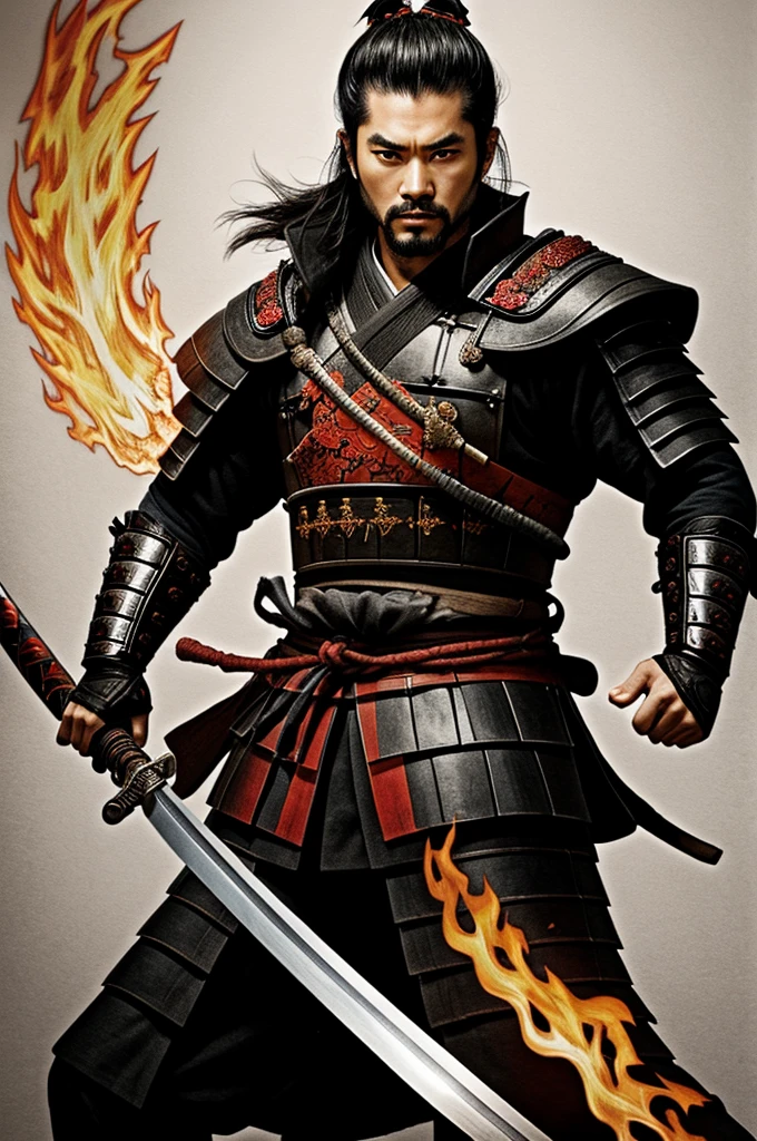 A drawing of samurai with his sword with his eyes with fire