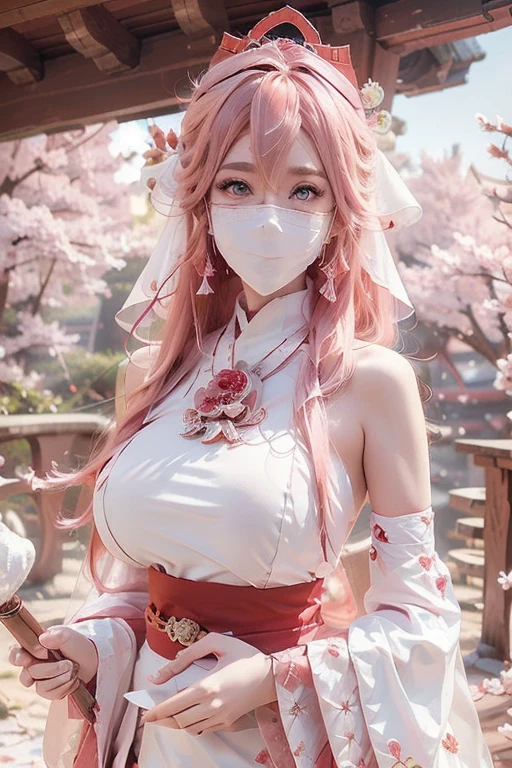 pink hair,masterpiece,extremely detailed,CG,2k wallpaper,Amazing,finely detail,extremely detailed CG unity 8k wallpaper,huge filesize,ultra-detailed,shenzi,1 girl,cosplay,Yaeko Nogi (Tokyo 7th Sisters),confident eyes,super detailed face, blush, Detailed lips, (big eyes:1.4), Double eyelids,(long flowing hair:1.1),traditional shrine maiden outfit,red and white colors,tied-up hair,red ribbon,wearing face veil, (white face veil, silk mask veil:1.2),cherry blossom petals,torii gate background,holding a sacred staff,elegant posture,focused expression,outdoor shrine setting.,