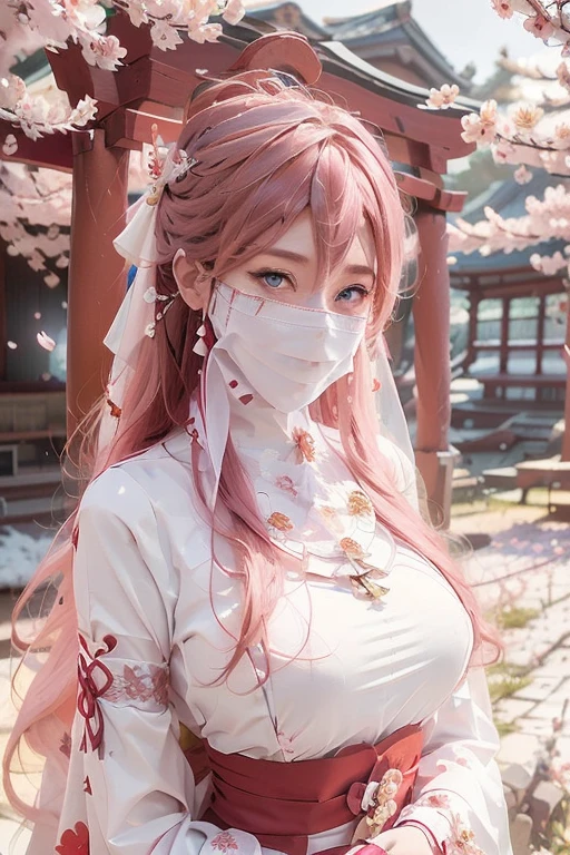 pink hair,masterpiece,extremely detailed,CG,2k wallpaper,Amazing,finely detail,extremely detailed CG unity 8k wallpaper,huge filesize,ultra-detailed,shenzi,1 girl,cosplay,Yaeko Nogi (Tokyo 7th Sisters),confident eyes,super detailed face, blush, Detailed lips, (big eyes:1.4), Double eyelids,(long flowing hair:1.1),traditional shrine maiden outfit,red and white colors,tied-up hair,red ribbon,wearing face veil, (white face veil, silk mask veil:1.2),cherry blossom petals,torii gate background,holding a sacred staff,elegant posture,focused expression,outdoor shrine setting.,