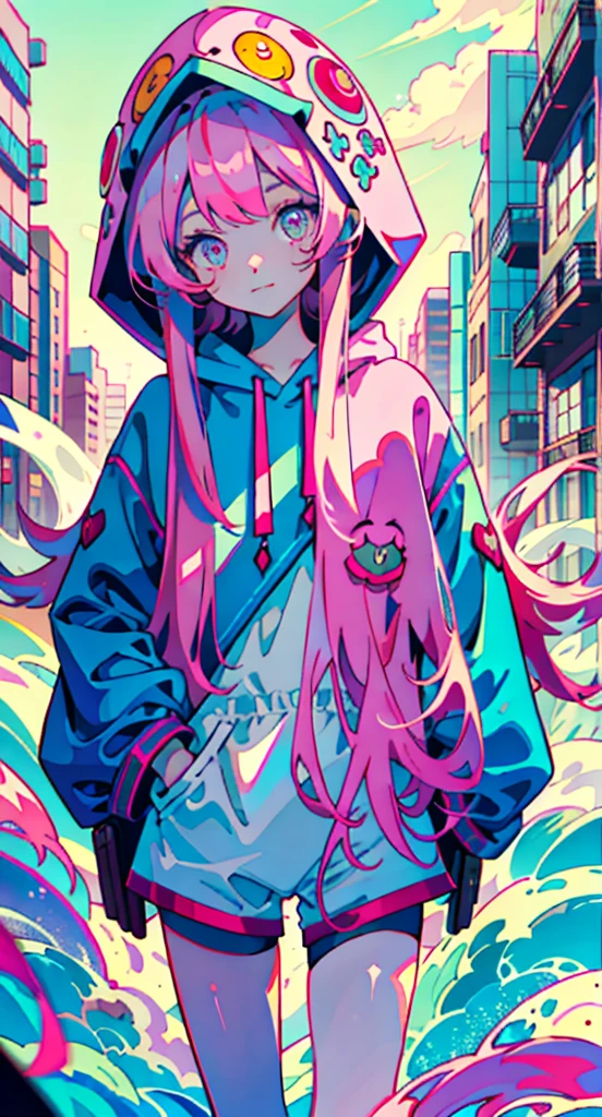 Girl with long pink hair, cute, Cool pose, Selfie, masterpiece, Very detailed, Highest quality, Sharp focus, Soft lighting, Limited color palette, pastel colour, cute, ((cute)), Dark Skin,
(Panchen: 1.3), smile, alone,
Dark brown hoodie, Blue shorts,
Pink Eyes, (Pink Hair: 0.6), (Blue Hair: 0.8), (Gradient Hair: 0.6), short hair, Bratis