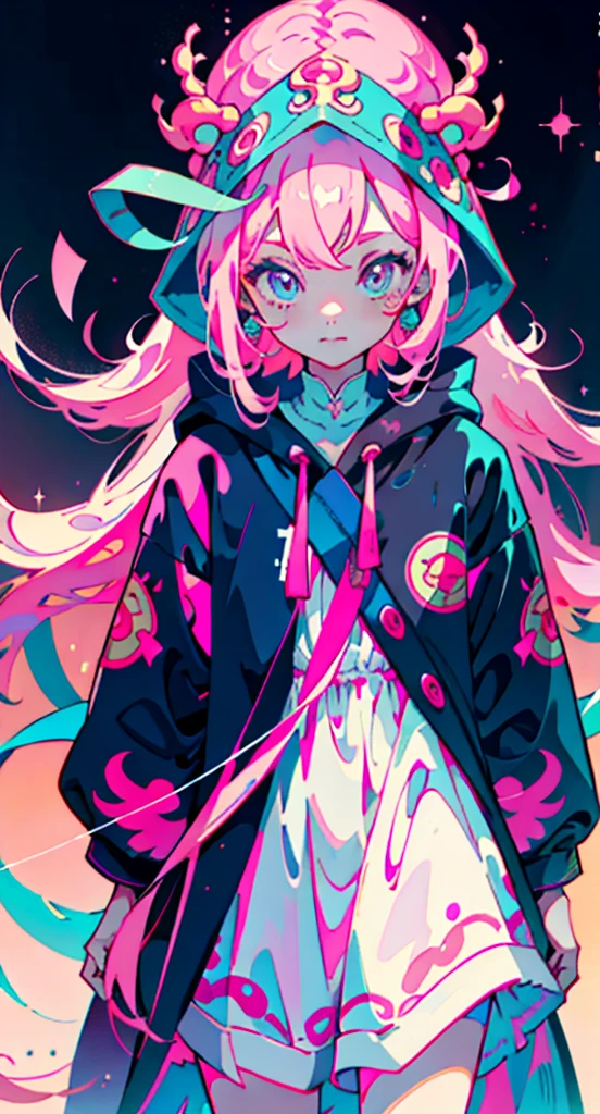 Girl with long pink hair, cute, Cool pose, Selfie, masterpiece, Very detailed, Highest quality, Sharp focus, Soft lighting, Limited color palette, pastel colour, cute, ((cute)), Dark Skin,
(Panchen: 1.3), smile, alone,
Dark brown hoodie, Blue shorts,
Pink Eyes, (Pink Hair: 0.6), (Blue Hair: 0.8), (Gradient Hair: 0.6), short hair, Bratis