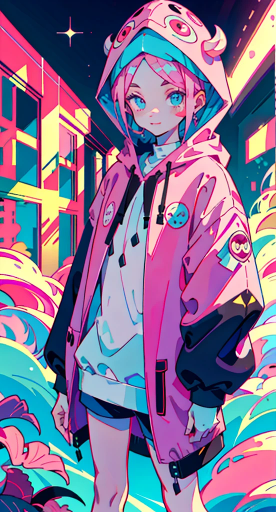 Girl with long pink hair, cute, Cool pose, Selfie, masterpiece, Very detailed, Highest quality, Sharp focus, Soft lighting, Limited color palette, pastel colour, cute, ((cute)), Dark Skin,
(Panchen: 1.3), smile, alone,
Dark brown hoodie, Blue shorts,
Pink Eyes, (Pink Hair: 0.6), (Blue Hair: 0.8), (Gradient Hair: 0.6), short hair, Bratis