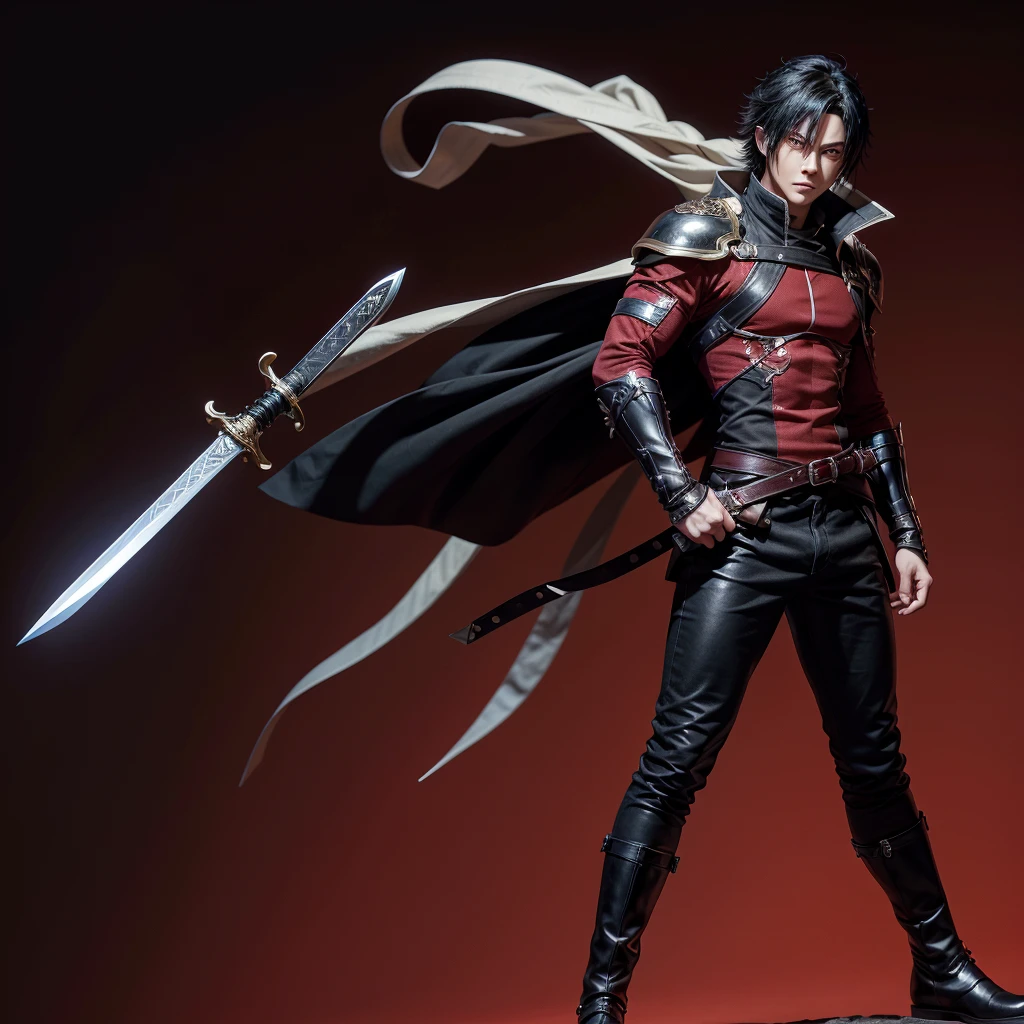 create a male anime character, 1.85 with a strong physical body and with a sword in the sheath, his clothes are just black pants and boots, he has crimson red eyes and black hair. (make a simple red background)