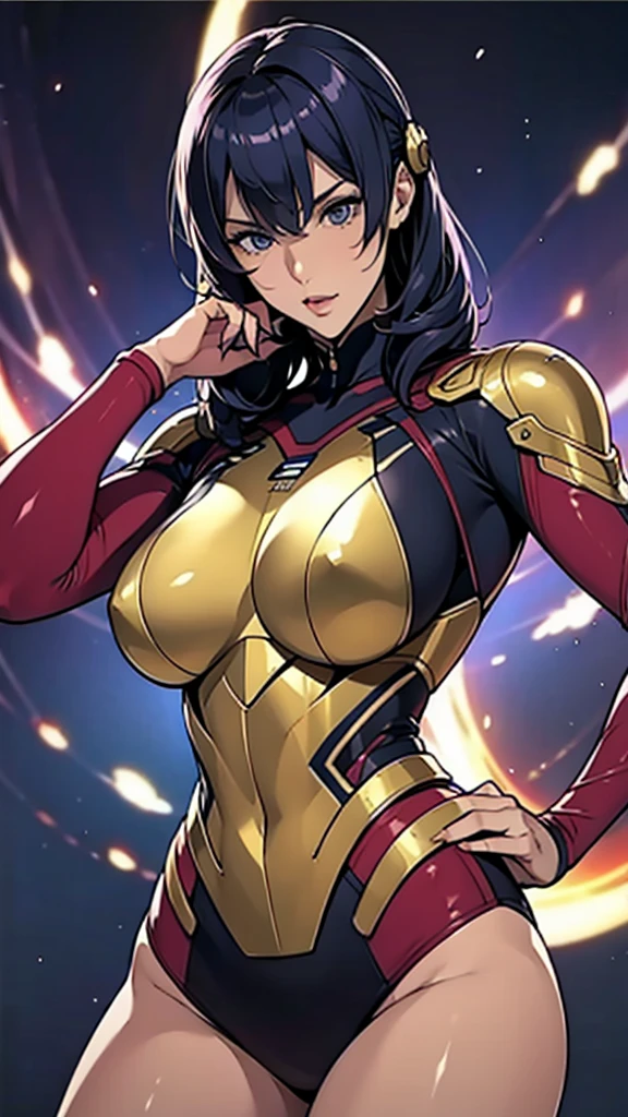 (masterpiece:1.2, Highest quality),(Very detailed),8K,wallpaper,1 female,Mature Woman,48 years old,Sentai Heroine,Muscular,((Metallic squadron suit)),(((Better Hands))),((The background is Galaxy Flash)),Random hairstyle,Random Pause,(((Beautiful female hands,detailed drawing of a hand))),cyber punk,((Beautiful trading cards,gold framed))