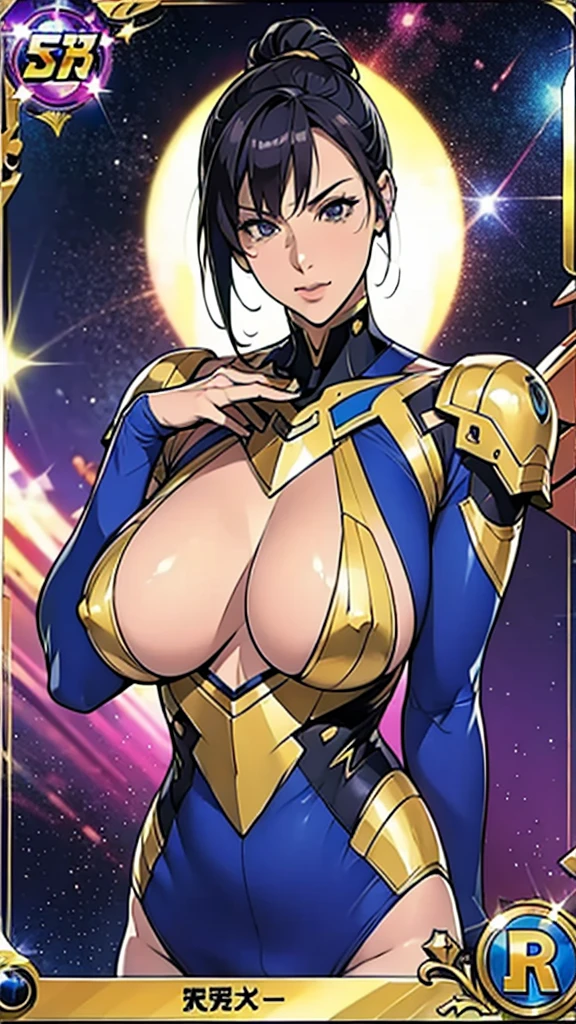 (masterpiece:1.2, Highest quality),(Very detailed),8K,wallpaper,1 female,Mature Woman,48 years old,Sentai Heroine,Muscular,((Metallic squadron suit)),(((Better Hands))),((The background is Galaxy Flash)),Random hairstyle,Random Pause,(((Beautiful female hands,detailed drawing of a hand))),cyber punk,((Beautiful trading cards,gold framed))