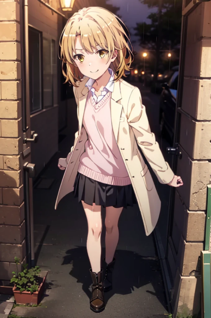 Irohaisshiki, isshiki iroha, short hair, Brown Hair, (Brown eyes:1.5), happy smile, smile, Close your mouth,blush,Pink oversized coat,V-neck shirt,mini skirt,Black pantyhose,short boots,Leaning against the wall,Hiding under a roof,rain,cloudy,whole bodyがイラストに入るように,
break outdoors, Building district,
break looking at viewer,whole body,
break (masterpiece:1.2), Highest quality, High resolution, unity 8k wallpaper, (figure:0.8), (Beautiful attention to detail:1.6), Highly detailed face, Perfect lighting, Highly detailed CG, (Perfect hands, Perfect Anatomy),