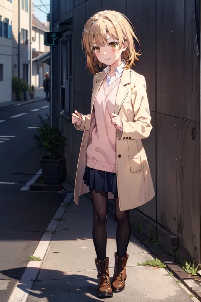 Irohaisshiki, isshiki iroha, short hair, Brown Hair, (Brown eyes:1.5), happy smile, smile, Close your mouth,blush,Pink oversized coat,V-neck shirt,mini skirt,Black pantyhose,short boots,Leaning against the wall,Hiding under a roof,rain,cloudy,whole bodyがイラストに入るように,
break outdoors, Building district,
break looking at viewer,whole body,
break (masterpiece:1.2), Highest quality, High resolution, unity 8k wallpaper, (figure:0.8), (Beautiful attention to detail:1.6), Highly detailed face, Perfect lighting, Highly detailed CG, (Perfect hands, Perfect Anatomy),