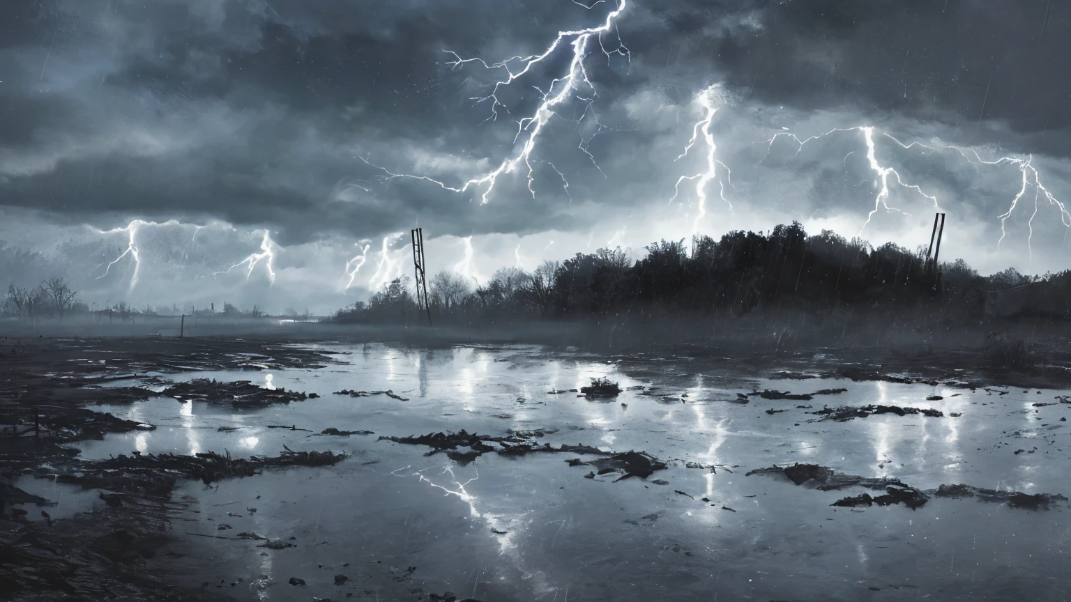 "A high-quality, highly detailed scene capturing a stormy night with lightning illuminating the dark sky. The rain pours heavily, creating a dramatic and intense atmosphere. The dark color scheme dominates the scene, with deep blues, blacks, and grays blending together. The lightning strikes create stark contrasts, highlighting the rain-soaked landscape and casting eerie shadows. Puddles on the ground reflect the flashes of light, adding to the scene's depth and realism. The mood is intense and foreboding, perfectly capturing the raw power and beauty of the storm."