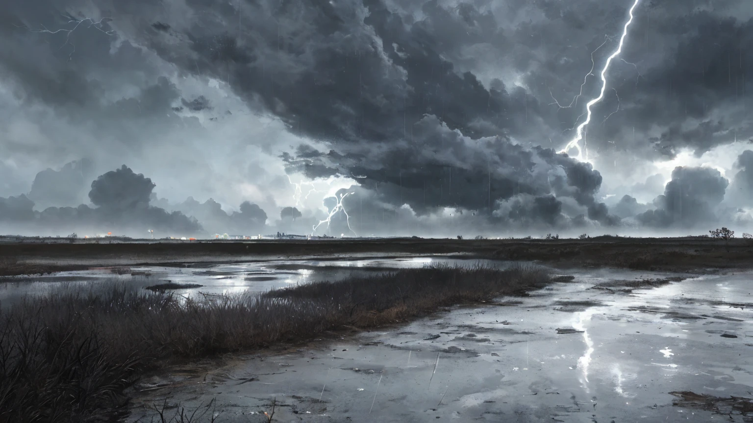 "A high-quality, highly detailed scene capturing a stormy night with lightning illuminating the dark sky. The rain pours heavily, creating a dramatic and intense atmosphere. The dark color scheme dominates the scene, with deep blues, blacks, and grays blending together. The lightning strikes create stark contrasts, highlighting the rain-soaked landscape and casting eerie shadows. Puddles on the ground reflect the flashes of light, adding to the scene's depth and realism. The mood is intense and foreboding, perfectly capturing the raw power and beauty of the storm."