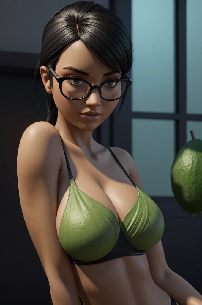 Cartoon character of an avocado with black glasses and bikini, animation character, stylized character, animation style rendering, 3D stylized, Arnold Maya rendering, Render 3D stylized, Toon render keyshot, 3D character, 3D character, Stylized 3D rendering, 3d character rendering, cartoon character, Close-up character, Character pose,  (Pixar Style) (master part:1.2) (bokeh) (Best Quality) (detailed skin) (Detailed texture) (8k) (clay) (cinematic lighting) (sharp focus