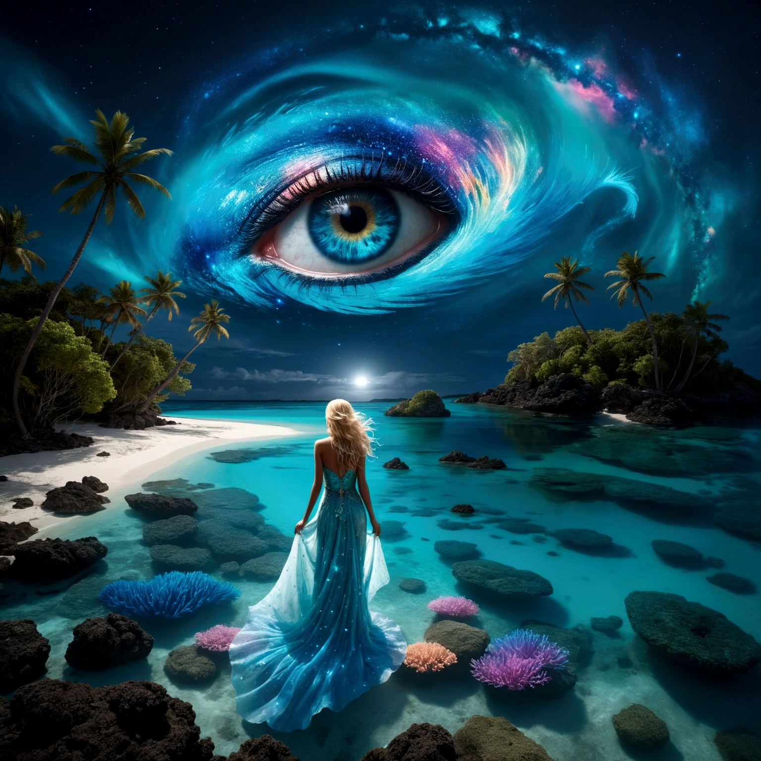 On a dark moonlit night, from a high vantage point, behold a turquoise blue lagoon stretching to the horizon. To the left, a beach fringed with coconut palms sits under a crystal-clear turquoise blue lagoon with detailed coral reefs and bioluminescent multicolored aquatic fauna, accompanied by small waves. In the sky, a whirling galaxy takes the shape of a giant detailed blue eye, set against a starry sky dotted with nebulae and cosmic dust. The bright reflections of the detailed blue eye and starry sky dance on the water’s surface. Along the shore, a blonde woman with long, flowing hair, dressed in a detailed transparent dress that seems to be made of ethereal fabric, stands and contemplates the wonders of the universe. The water near the woman should be transparent, revealing ((detailed bioluminescent (multicolored fishs),corail, algae and marine life)). The artwork should embody moon luminism and fantastic realism within a complex background that is highly detailed and intricate, rendered in ultra-realistic 8k resolution for hyper-realistic detail akin to magical photography effects. Invoke elements of fantastical fantasy trending on Artstation Unreal Engine 5 with vivid ink-stained colors, a maximalism style, expansive depth of field matte painting techniques