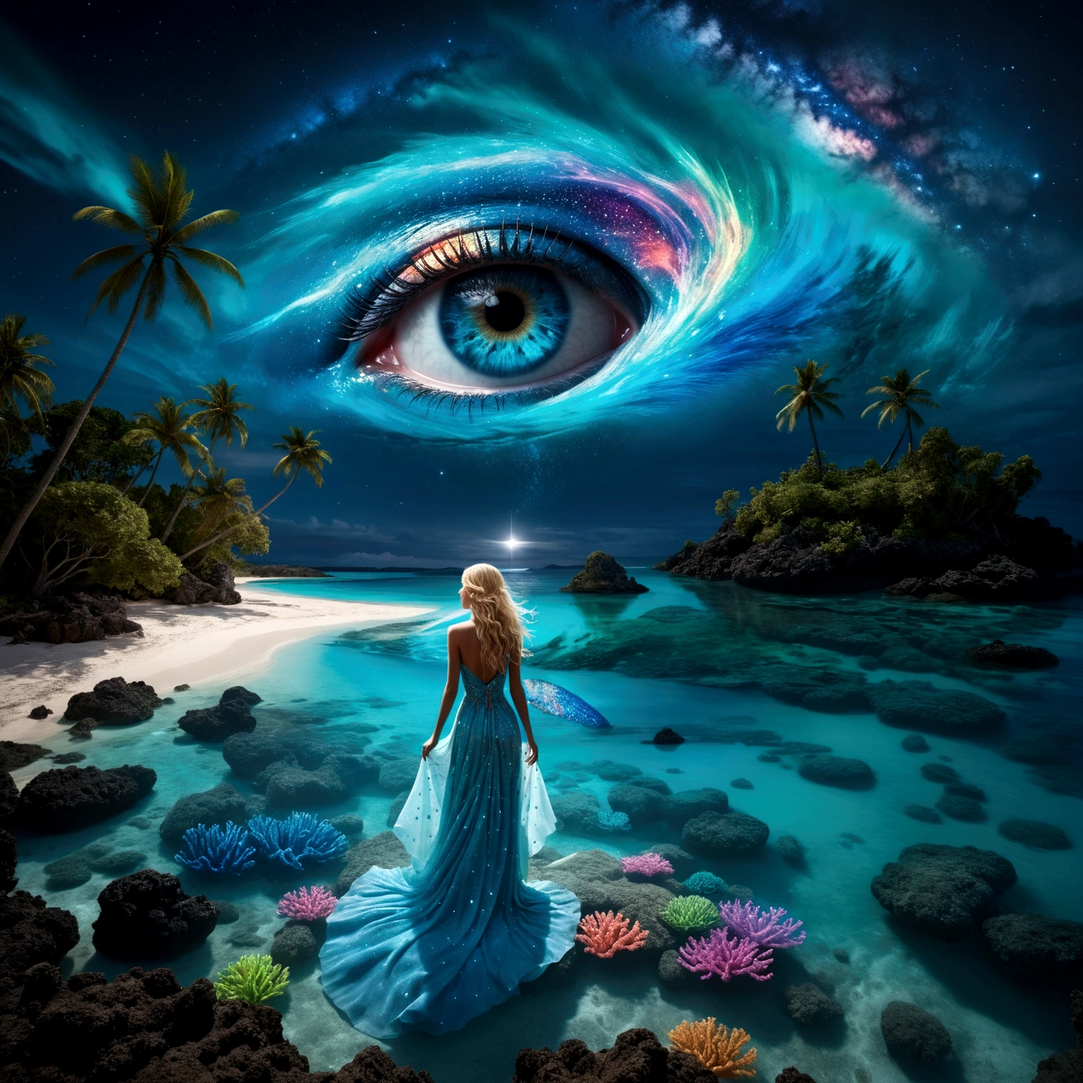 On a dark moonlit night, from a high vantage point, behold a turquoise blue lagoon stretching to the horizon. To the left, a beach fringed with coconut palms sits under a crystal-clear turquoise blue lagoon with detailed coral reefs and bioluminescent multicolored aquatic fauna, accompanied by small waves. In the sky, a whirling galaxy takes the shape of a giant detailed blue eye, set against a starry sky dotted with nebulae and cosmic dust. The bright reflections of the detailed blue eye and starry sky dance on the water’s surface. Along the shore, a blonde woman with long, flowing hair, dressed in a detailed transparent dress that seems to be made of ethereal fabric, stands and contemplates the wonders of the universe. The water near the woman should be transparent, revealing ((detailed bioluminescent (multicolored fishs),corail, algae and marine life)). The artwork should embody moon luminism and fantastic realism within a complex background that is highly detailed and intricate, rendered in ultra-realistic 8k resolution for hyper-realistic detail akin to magical photography effects. Invoke elements of fantastical fantasy trending on Artstation Unreal Engine 5 with vivid ink-stained colors, a maximalism style, expansive depth of field matte painting techniques