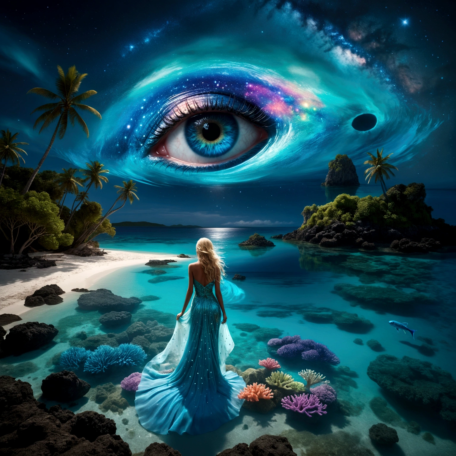 On a dark moonlit night, from a high vantage point, behold a turquoise blue lagoon stretching to the horizon. To the left, a beach fringed with coconut palms sits under a crystal-clear turquoise blue lagoon with detailed coral reefs and bioluminescent multicolored aquatic fauna, accompanied by small waves. In the sky, a whirling galaxy takes the shape of a giant detailed blue eye, set against a starry sky dotted with nebulae and cosmic dust. The bright reflections of the detailed blue eye and starry sky dance on the water’s surface. Along the shore, a blonde woman with long, flowing hair, dressed in a detailed transparent dress that seems to be made of ethereal fabric, stands and contemplates the wonders of the universe. The water near the woman should be transparent, revealing ((detailed bioluminescent (multicolored fishs),corail, algae and marine life)). The artwork should embody moon luminism and fantastic realism within a complex background that is highly detailed and intricate, rendered in ultra-realistic 8k resolution for hyper-realistic detail akin to magical photography effects. Invoke elements of fantastical fantasy trending on Artstation Unreal Engine 5 with vivid ink-stained colors, a maximalism style, expansive depth of field matte painting techniques