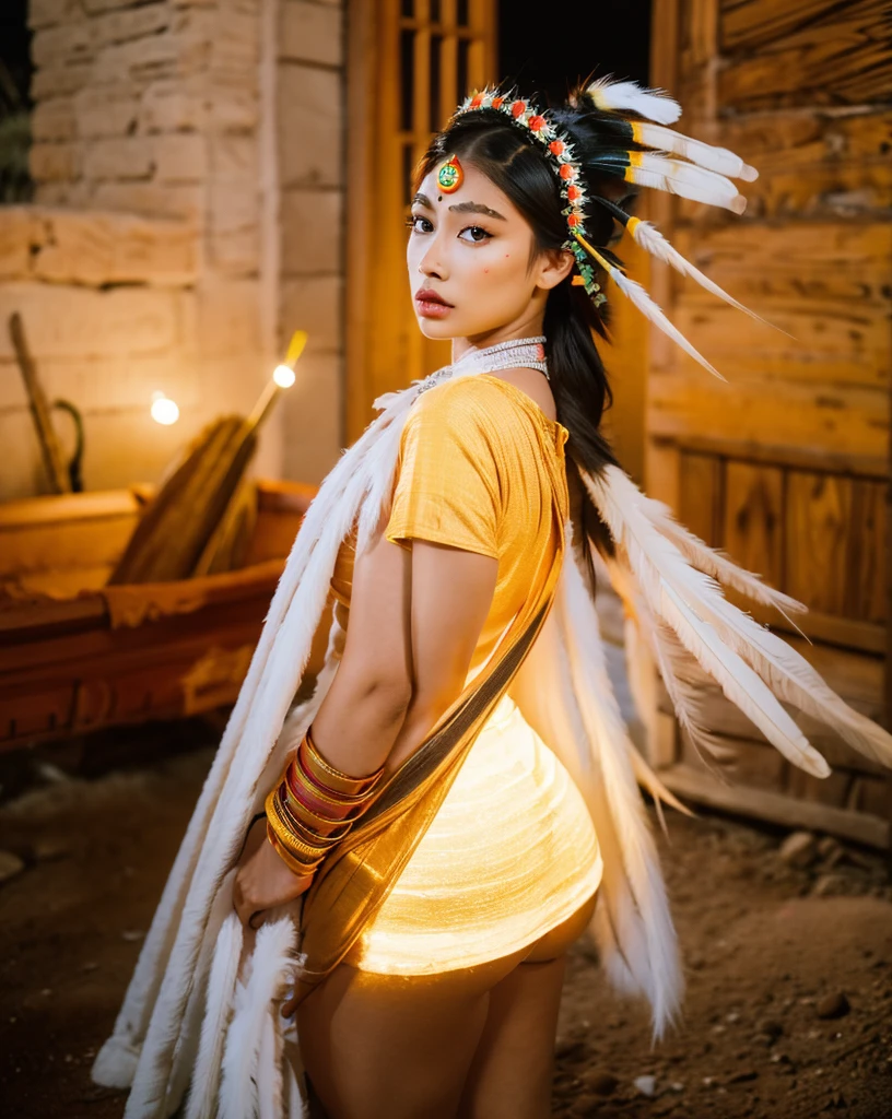 Beautiful Cherokee Indian woman with beautiful terracotta colored headdresses, blackw, doradas, cobre, Pearl, white and beige, feathers made of bright neon of various colors, flares on camera, bokeh, full moon night