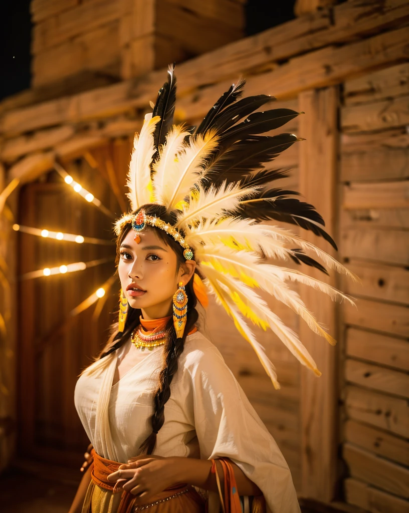 Beautiful Cherokee Indian woman with beautiful terracotta colored headdresses, blackw, doradas, cobre, Pearl, white and beige, feathers made of bright neon of various colors, flares on camera, bokeh, full moon night