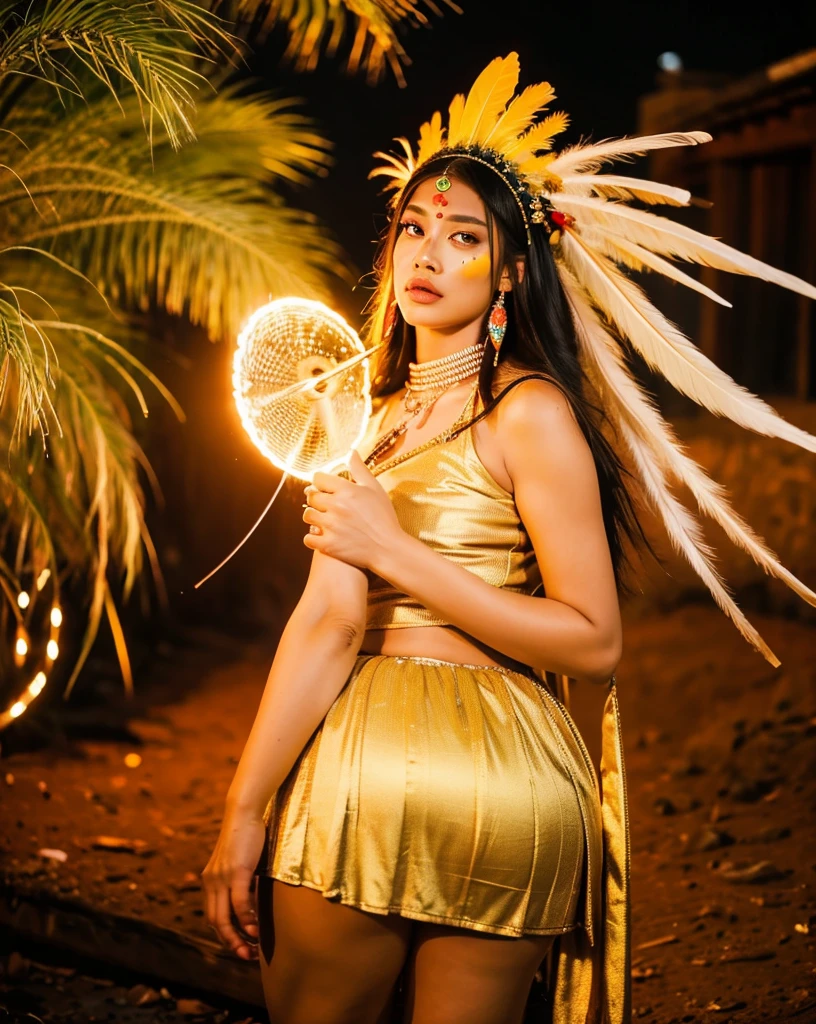 Beautiful Cherokee Indian woman with beautiful terracotta colored headdresses, blackw, doradas, cobre, Pearl, white and beige, feathers made of bright neon of various colors, flares on camera, bokeh, full moon night