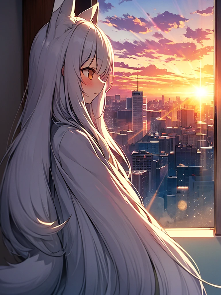 Scenery White long hair Nekogirl (two neko ears and white fox tail) watching out of a window thoughtful, sunset, high amount of rainbow sunflare and lensflare, lots of colors, clouds. Lateral view from outside the window, face invested from colors and light, easy likes