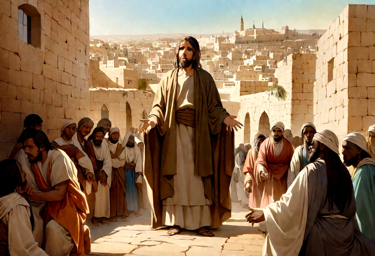 Create a detailed and inspiring illustration based on Luke 18:31-43. Depict Jesus Christ leading His disciples towards Jerusalem, explaining to them about His impending suffering, death, and resurrection. In the foreground, include a scene where a  man, Bartimaeus, is sitting by the roadside, crying out to Jesus for mercy. Show Jesus stopping and healing the blind with the blind man's being opened and his face filled with joy and awe. The background should reflect the ancient cityscape of Jerusalem, with a crowd of diverse people witnessing the miracle. Use a realistic and vibrant style to capture the emotion and significance of this biblical moment