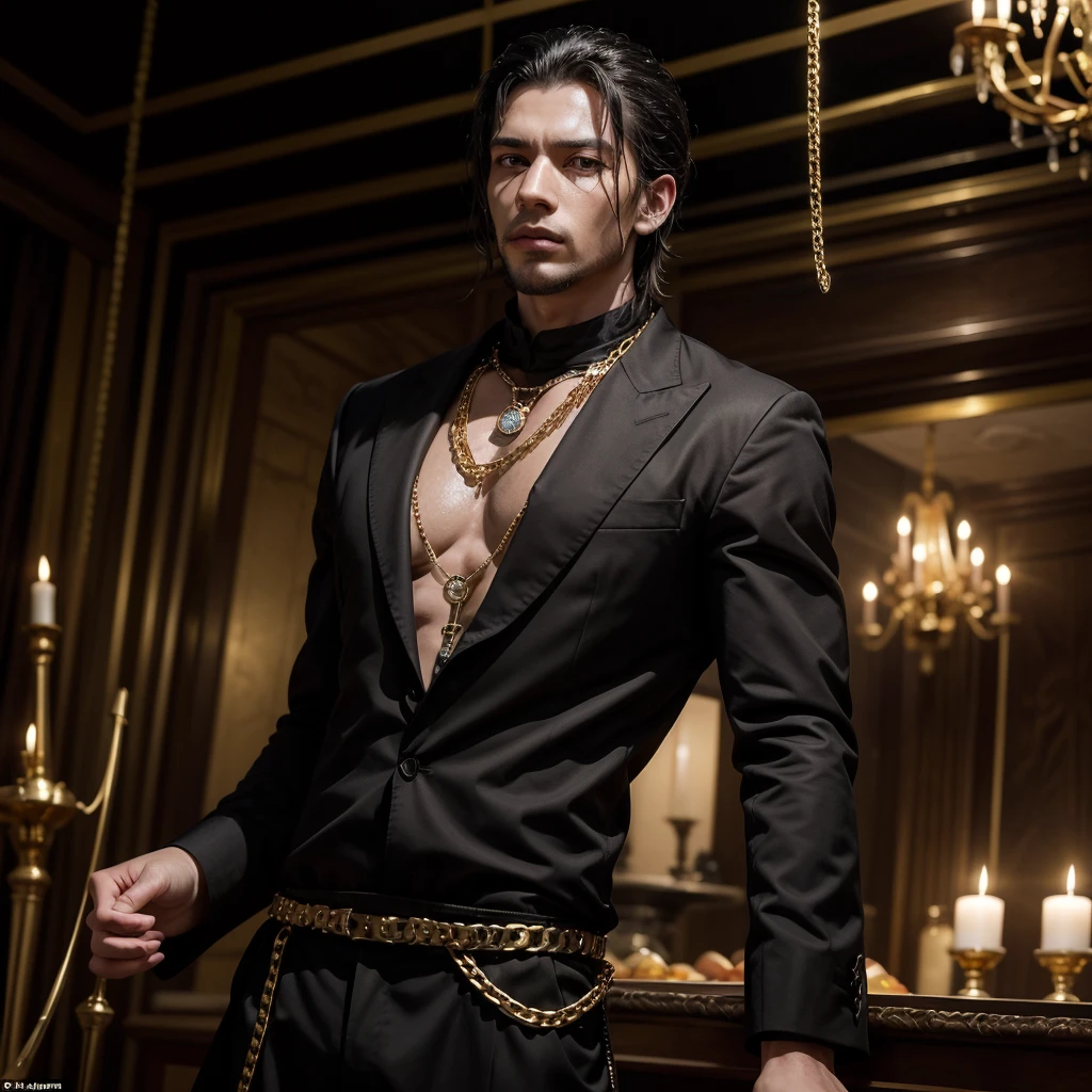 create an image of a mysterious man dressed in black, with gold chains and weapons, and on the front of the image written Mafia dos cheffinhas, in an elegant font