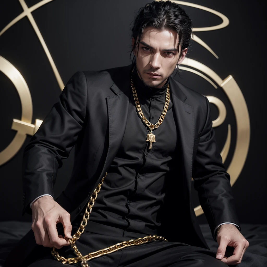 create an image of a mysterious man dressed in black, with gold chains and weapons, and on the front of the image written Mafia dos cheffinhas, in an elegant font