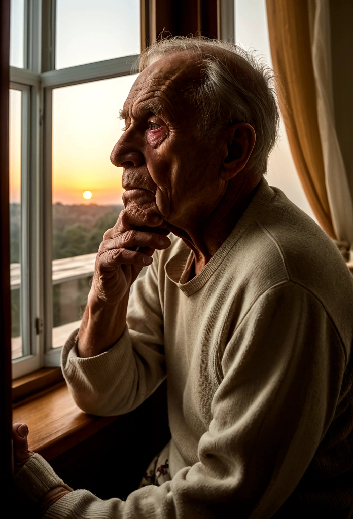 Photo realism in details , no editing errors, 50 megapixel camera ,effect intensity 4, of an elderly man , approximately 80 years, drinking cheap liquor while watching the sunrise through his window inside his room with an expression of sadness and emptiness , He is accompanied by a beautiful young woman with reddish hair and green eyes.