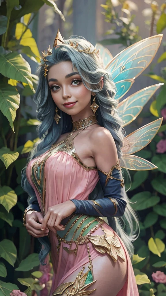 a beautiful fairy girl in a pink dress and tiable, beautiful fairy, beautiful fairy adulta, beautiful fairy, beautiful fairys, magnificent fairy, beautiful fantasy art, portrait of a fairy, fairy portrait, very beautiful fantasy art, Hada morena, beautiful fairy del libro para adultos, fairy princess, amazing fantasy art, fairy aesthetic, smiling like a fairy queen