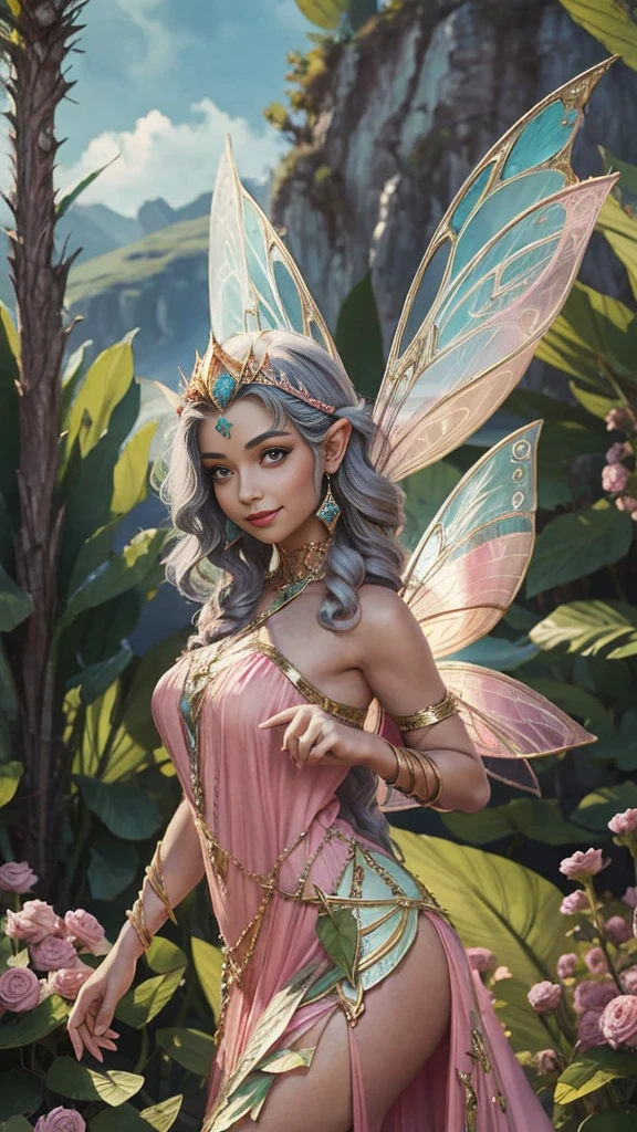 a beautiful fairy girl in a pink dress and tiable, beautiful fairy, beautiful fairy adulta, beautiful fairy, beautiful fairys, magnificent fairy, beautiful fantasy art, portrait of a fairy, fairy portrait, very beautiful fantasy art, Hada morena, beautiful fairy del libro para adultos, fairy princess, amazing fantasy art, fairy aesthetic, smiling like a fairy queen