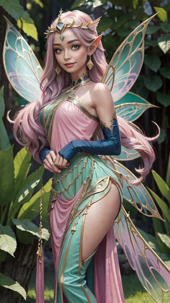 a beautiful fairy girl in a pink dress and tiable, beautiful fairy, beautiful fairy adulta, beautiful fairy, beautiful fairys, magnificent fairy, beautiful fantasy art, portrait of a fairy, fairy portrait, very beautiful fantasy art, Hada morena, beautiful fairy del libro para adultos, fairy princess, amazing fantasy art, fairy aesthetic, smiling like a fairy queen