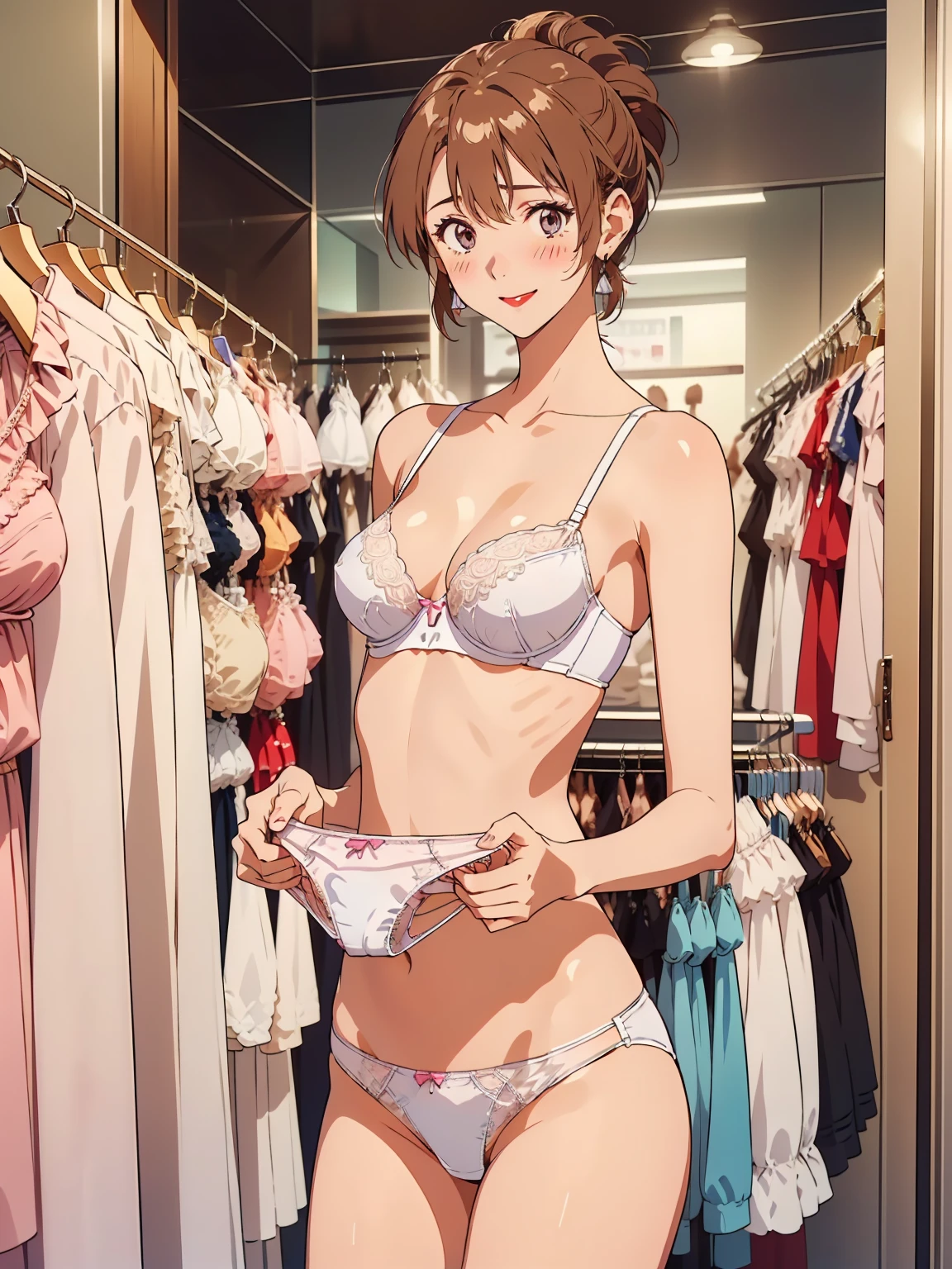 masterpiece, top quality, ultra detailed, ((((AIKA_SUMERAGI, folded ponytail, best anatomy, in underwear, (panties, elaborately designed luxury panties for adults, panties high definition images, draw panties with super precision), lace trimmed bras, extremely detailed texture, earrings, red lip, embarrassed, blush, smile)))), cowboy shot, (((underwear in underwear store))), white skin, (presenting panties), underwear store interior, (display many panties), (underwear section filled with many panties), (panties taken off)